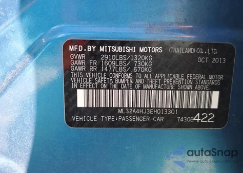 2014 Mitsubishi Mirage Es from USA, damaged, VIN ML32A4HJ3EH013301